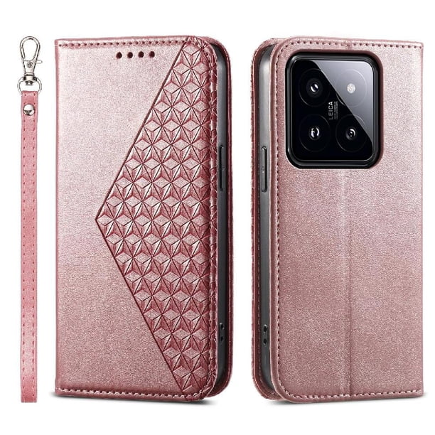 Funda Flip FOXDOCK para Xiaomi 14 Pro , Estilo Billetera con Diseño Rombo, Correa de Mano y Soporte, Uso Diario