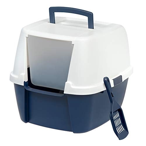 Caja de arena para gatos IRIS USA Jumbo cerrada con cuchara, azul marino y blanco