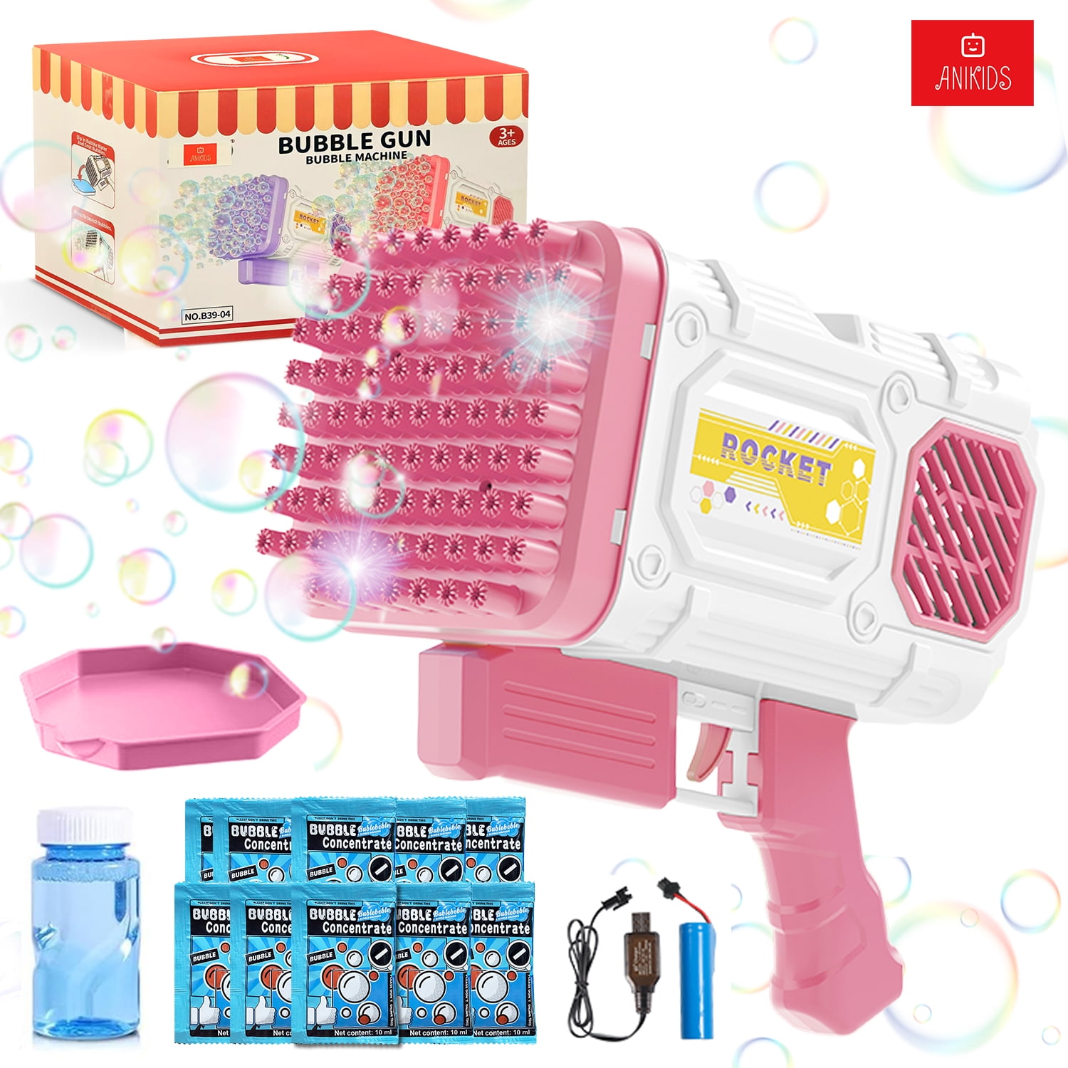 Anikids - Pistola Lanza Burbujas Bazooka 86 Agujeros Luz Juguete Niñas Rosa