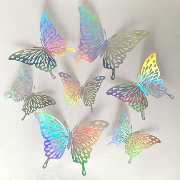 Set Of 12, 3D Colorful Silvery Butterfly Wall Sticker, Self-adhesive Hollow Paper Three-dimensional Decal For Living Room Bedroom, Wall Decoration, Home Room Decor