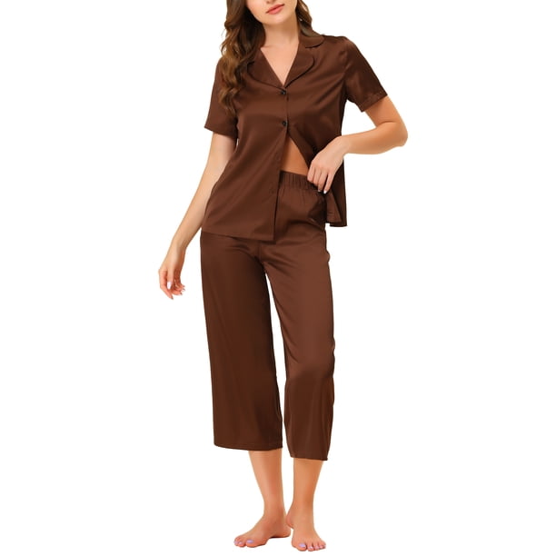 INSPIRE CHIC Conjunto de Pijama de Satén para Mujer Regreso a Clases Manga Corta Camisa Abotonada y Pantalones Capri con Cintura Elástica Ropa de Dormir Sedosa L Marrón