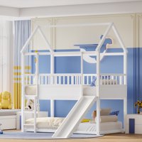 M&Ms - House Bunk Bed With Convertible Slide And Ladder, Floor Bunk Bed Twin Over Twin With Safety Guardrail