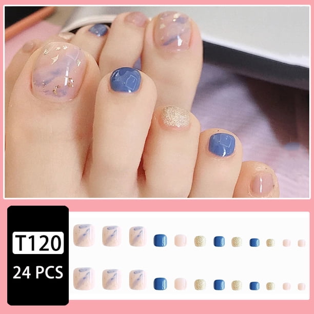 24 Pcs Short Press On Toenails Square Acrylic Fake Toe Nails,Blue And White Smudged Golden Foil On Toenails Full Cover False Toenails With Golden Foil Designs Glossy Artificial Toenails For Women Girl