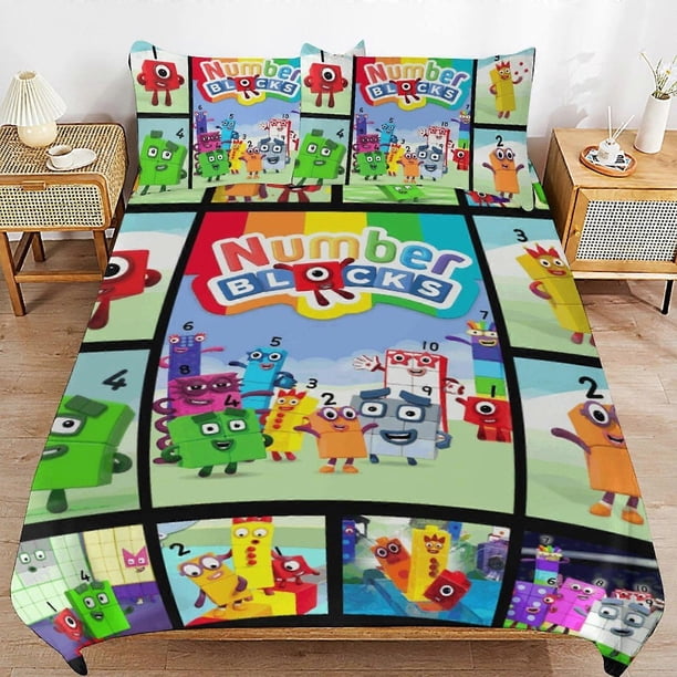 Juego de ropa de cama con bloques numéricos, funda nórdica, ropa de cama de dibujos animados cómoda y ligera, 3 piezas.