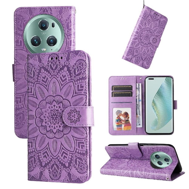 Funda tipo cartera FOXDOCK para Honor Magic 5 Pro , diseño girasol en relieve, cuero PU, cierre magnético, soporte y tarjetero