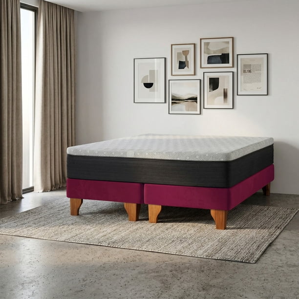 Cama Europea New Top Colchon Resortes 23 Cm 2 Plazas Base Dividida Tela Velvet Burdeo