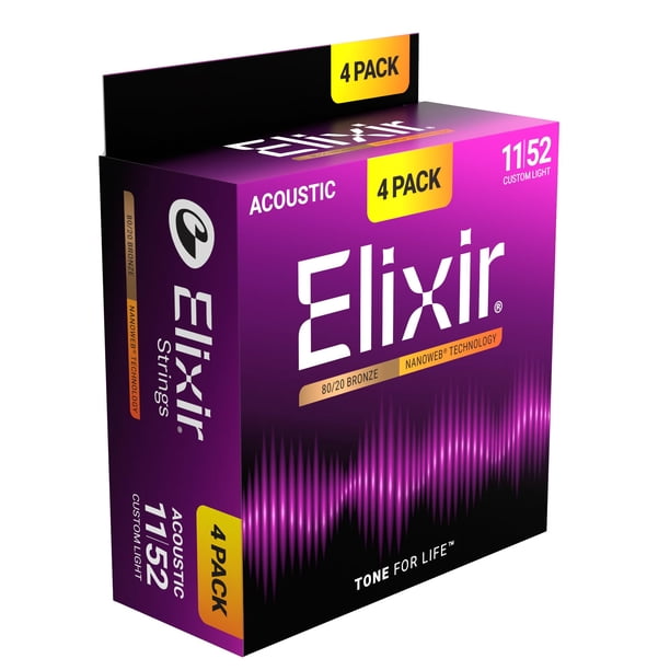 Cuerdas Elixir para Guitarra Acústica, Bronce 80/20 con Tecnología NANOWEB, Tono Brillante y Enfocado de Mayor Duración con Sensación Cómoda, Paquete de 4, Custom Light 11-52