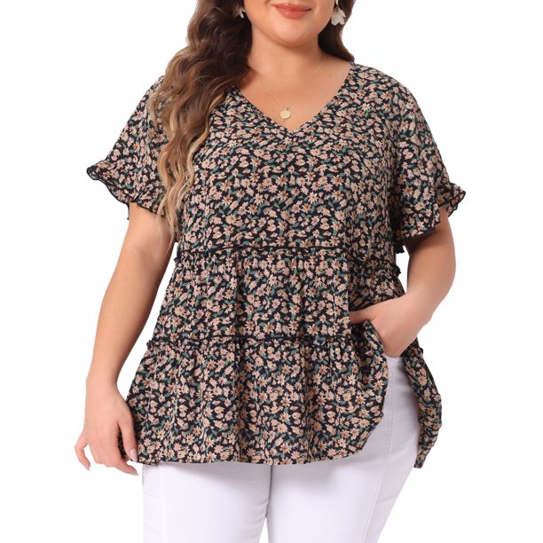 Agnes Orinda Blusa de Mujer Talla Grande Estilo Boho Floral con Cuello en V, Mangas con Volantes y Diseño de Bebé en Capas 4X Negro Beige