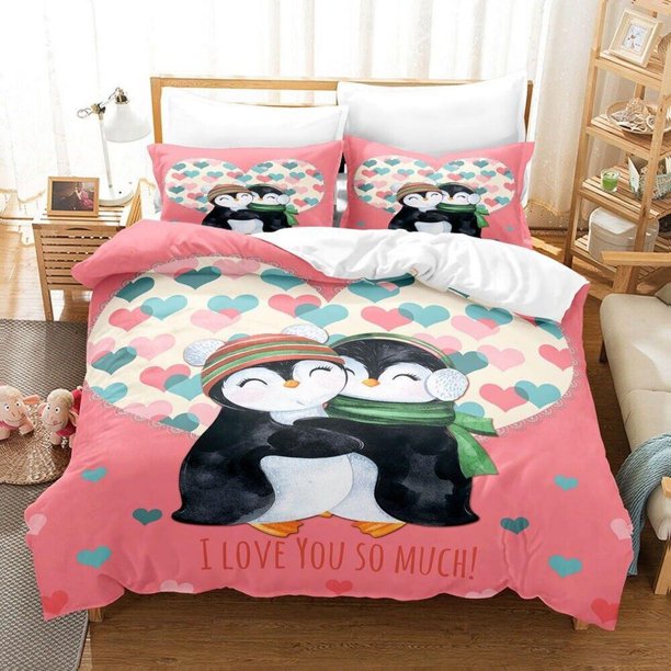 Penguin Love Heart Pattern Quilt Duvet Cover Set Bedding Home Textiles3-Piece Bedding Set