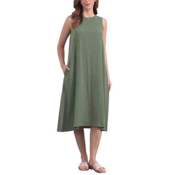 INSPIRE CHIC Vestidos de Lino para Mujeres Regreso a Clases Cuello Redondo Ajuste Suelto Vestido Sin Mangas Casual con Bolsillos S Verde