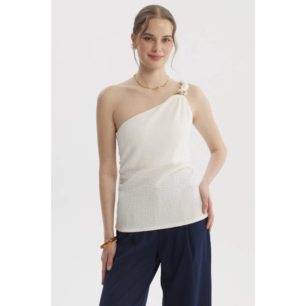 Polera Mujer Asimétrico Pabilo Trenzado Crudo