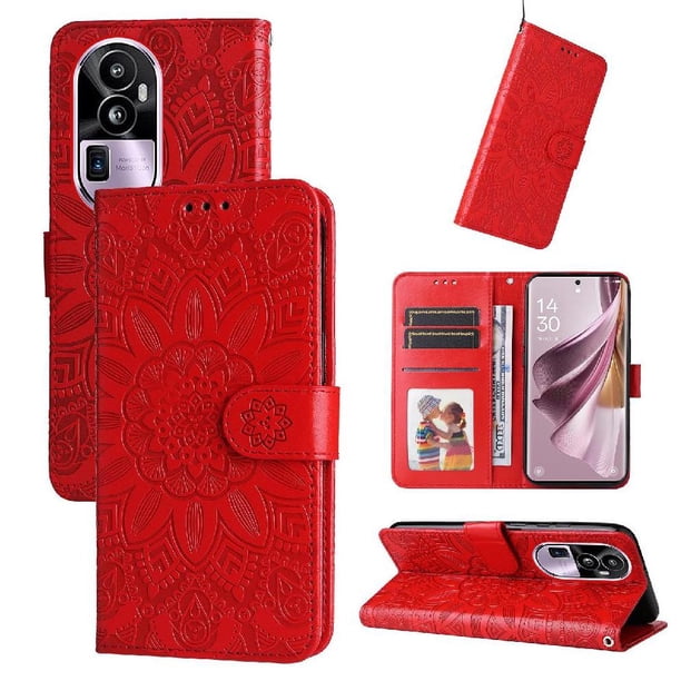 Funda tipo cartera FOXDOCK para OPPO Reno 10 Pro Plus , diseño girasol en relieve, cuero PU, cierre magnético, soporte y tarjetero
