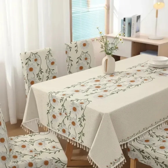 Mantel De Lino Impermeable Con Borlas Incluye Fundas Silla Tf Flores Verde Claro