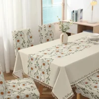 Casadeliacl - Mantel De Lino Impermeable Con Borlas Incluye Fundas Silla Tf Flores Verde Claro