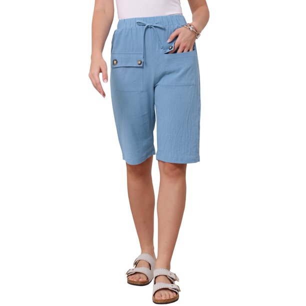 Pantalones cortos casuales para mujeres con cintura elástica, cordón, longitud de rodilla, cómodos para el verano, con bolsillos, XS azul