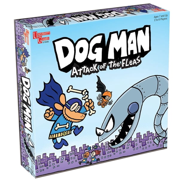 University Games, Dog Man Attack of the FLEAS, un juego de mesa cooperativo de DAV Pilkey para 2 a 6 jugadores de 6 años en adelante.