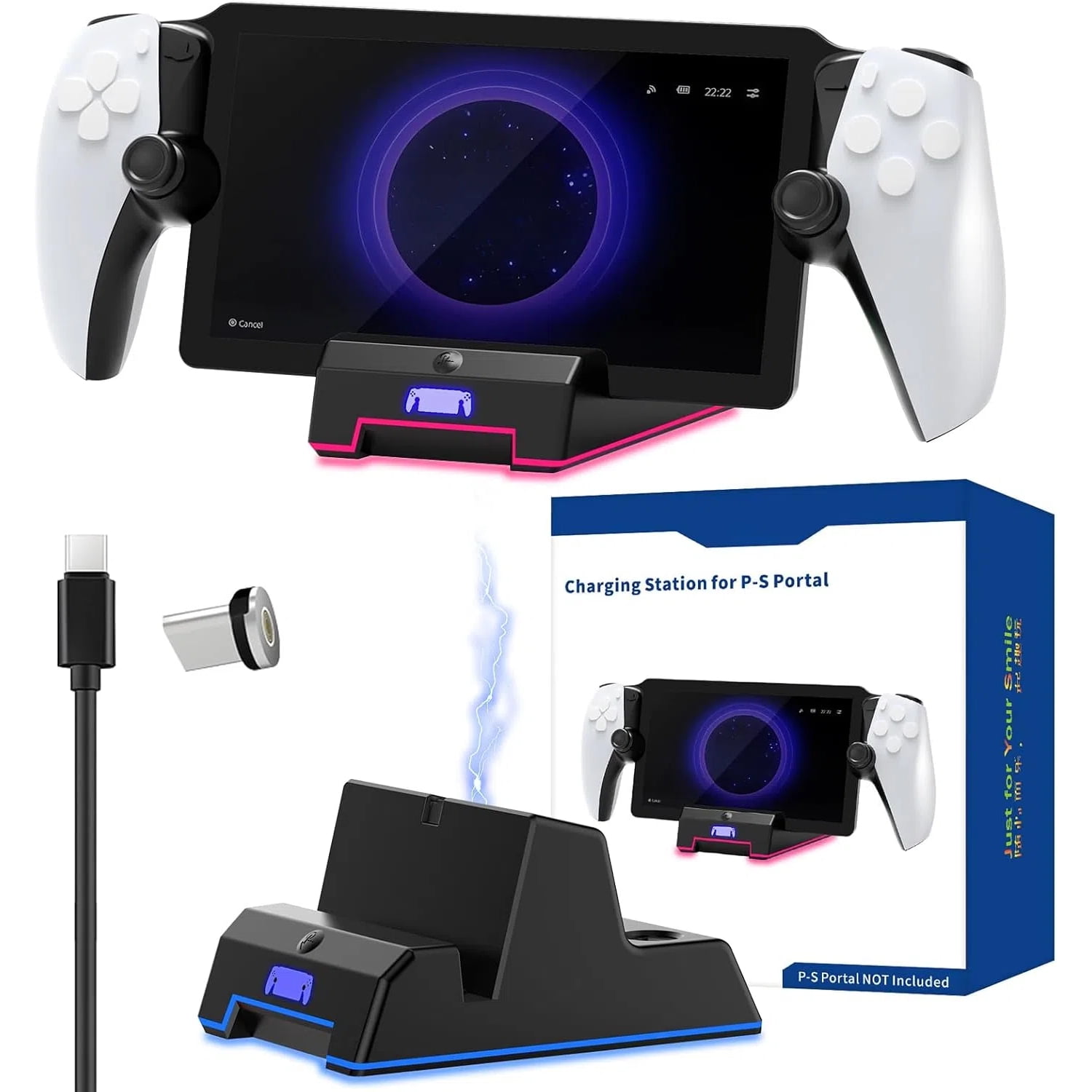 Genérico - Soporte De Carga Para El Mando A Distancia Ps5 Portal Con Luz Rgb - Estación De Carga Portátil, Incluye Cable Type-c Y Luz Indicadora - Soporte De Carga Para Consola Accesorios-negro