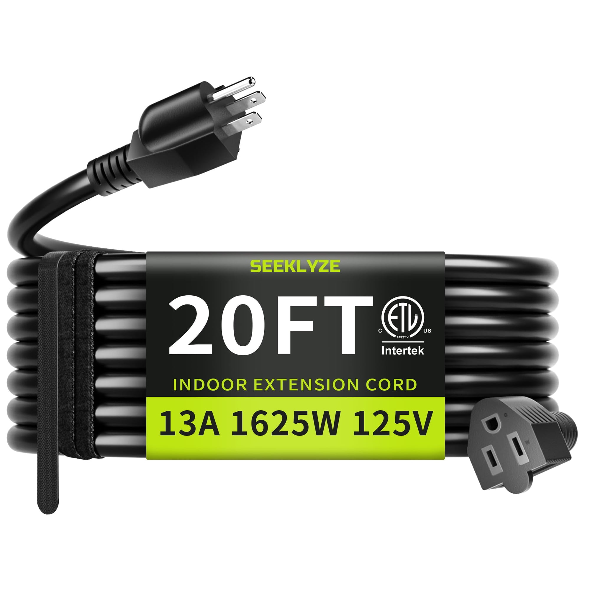 Cable De Extensión Seeklyze, 20 Pies, 16 Awg, 3 Puntas, 13 A, 125 V, 1625 W, Negro