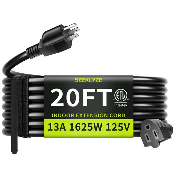 Cable de extensión Seeklyze, 20 pies, 16 AWG, 3 puntas, 13 A, 125 V, 1625 W, negro