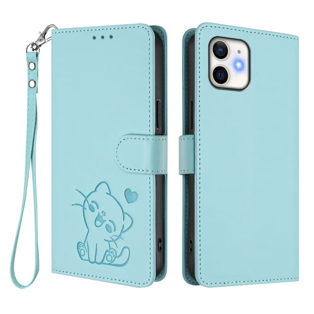 iPhone 12/12 Pro Funda Billetera con Estampado de Gato, Verde Claro