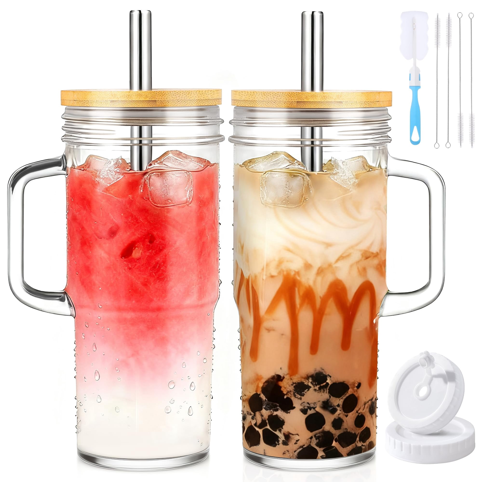Vasos De Vidrio Birity De 710 Ml Con Tapas Y Pajitas Para Batidos, Té Y Zumo