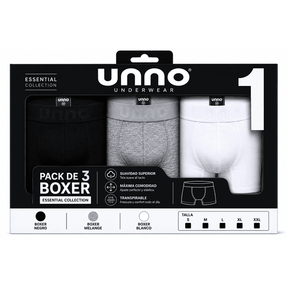 Pack 3 Boxer Essential Collection 1, algodón peruano premium. (Boxer Negro + Boxer Melange + Boxer Blanco), TALLA XL