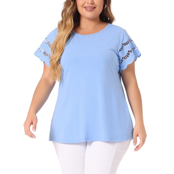 Agnes Orinda Blusas sólidas de verano con panel de encaje y mangas cortas huecas para mujer de talla grande, talla 4X, azul
