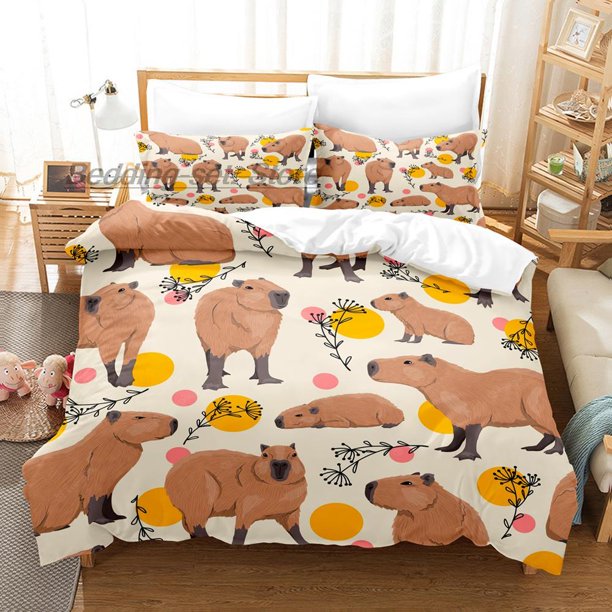 x1787 Bed SheetsCapybaras Bedding Set Twin Full Size Bed Set Aldult Kid Bedroom Duvetcover Sets Anime Bed Sheet Set 3-Piece Bedding Set (1 Duvet Cover + 2 Pillow Shams) nj1787