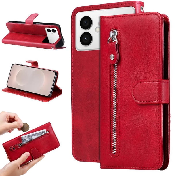 Funda tipo cartera para Samsung Galaxy S26 Edge con bolsillo con cremallera y ranuras para tarjetas – Función de soporte Rojo