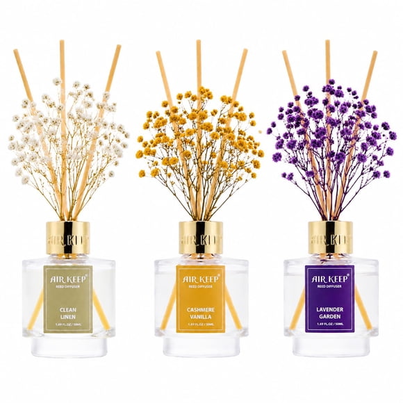 Difusor de varillas Airkeep 50 ml x 3 – Lino limpio, Vainilla de cachemir y Jardín de lavanda