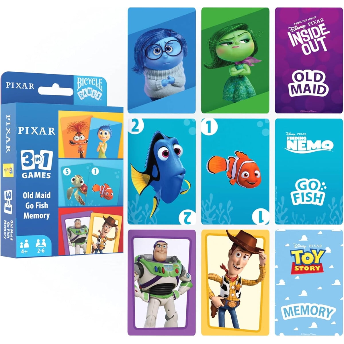 Juego De Cartas Bicycle Disney Pixar 3 En 1 Old Maid Go Fish Memory