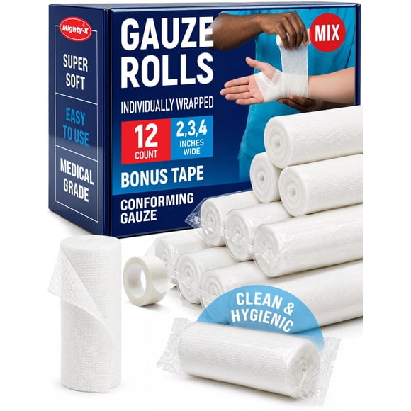 Rollos de gasa Mighty‑X 12 uds 2", 3" y 4" x 3,7 m