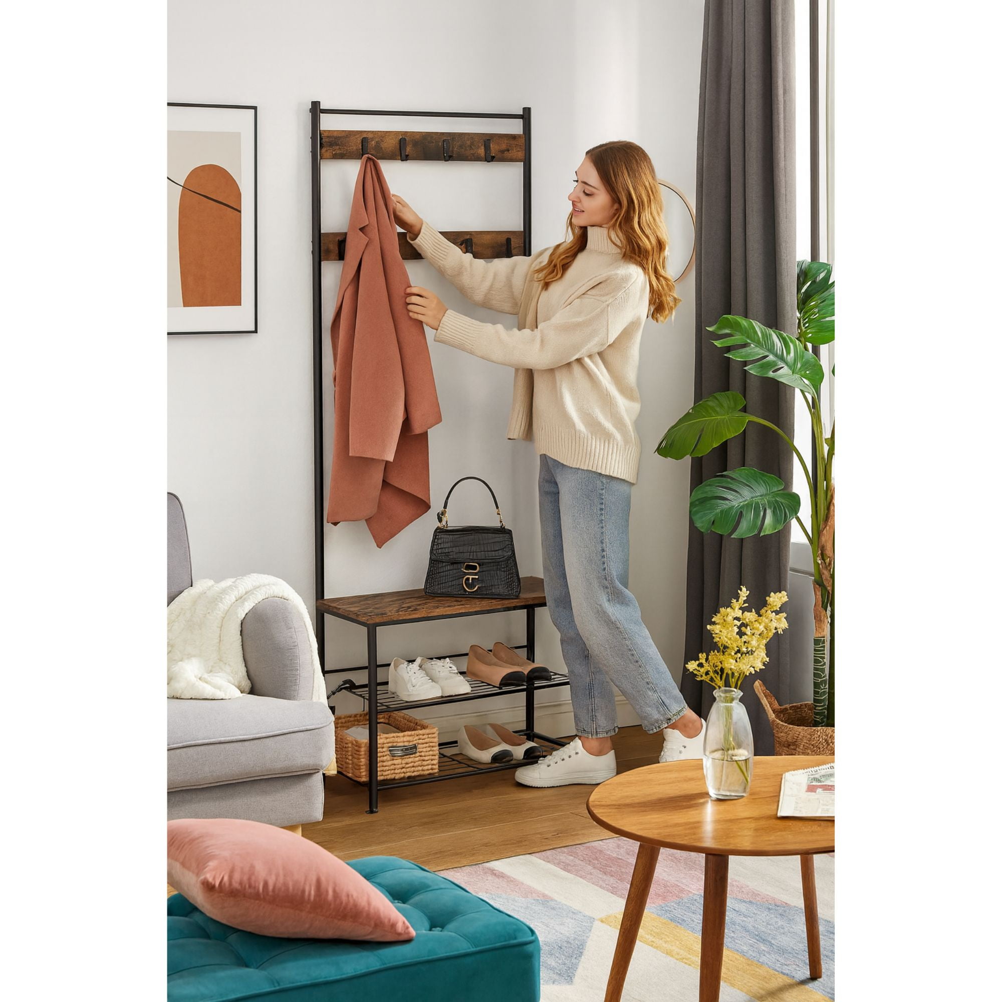 Velazio - Mueble Recibidor Perchero Zapatero Estilo Industrial