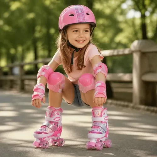 Patines Quad Extensibles Hook J-one Casco Protecciones Niños S 31-34 54 Mm Rosa