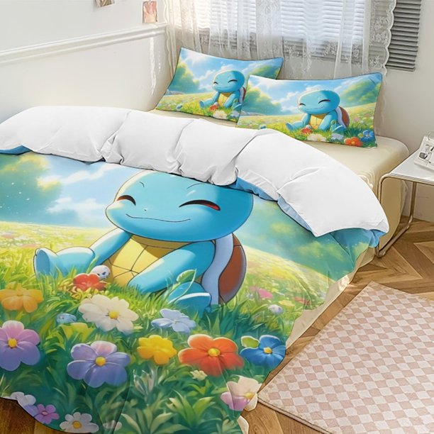 Squirtle Bed Duvet Cover Funny Anime Cartoon Bedding Sets Lightweight 3 Piece Comforter Sets