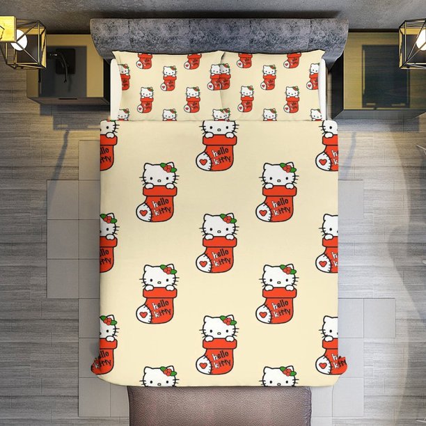 Hello Kitty Christmas Stockings 3 Pieces Duvet Cover Set Full Size Super Soft Fade Resistant Microfiber