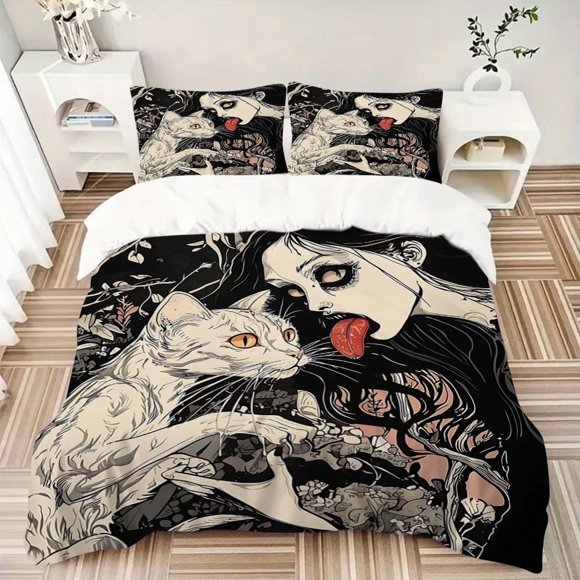 Whispering Whiskers Woman and Her Cat Printed Bedding Soft and Comfortable Quilt Cover for Bedroom Guest Room (1 Duvet Cover + 2 Pillowcases Pillow Core Not Inc
