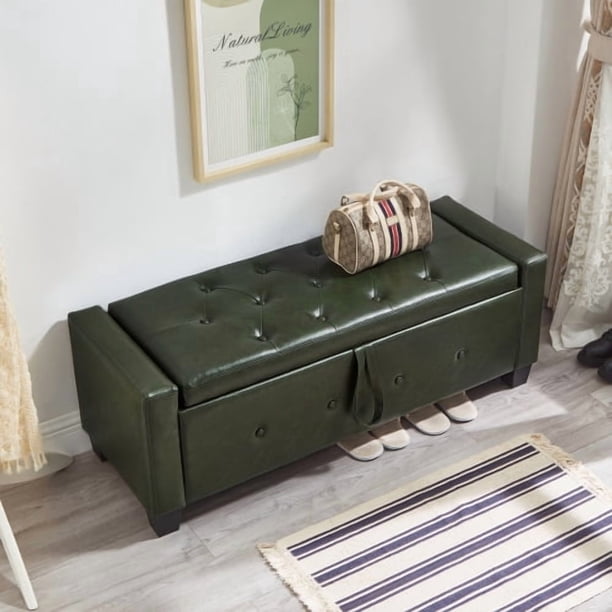 Banco otomano de 48" con almacenamiento, banco para dormitorio, sala de estar, pasillo, tapizado de cuero artificial de la PU otomano