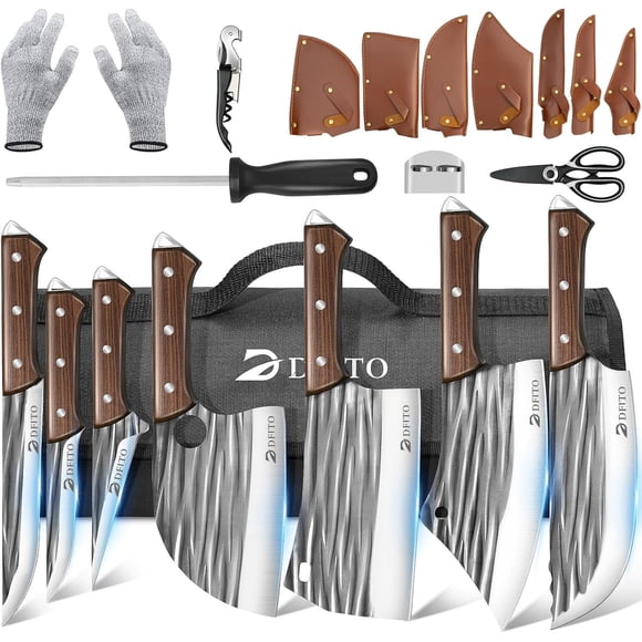 Juego de cuchillos Dfito de 14 piezas con mango de madera y bolsa enrollable – regalo
