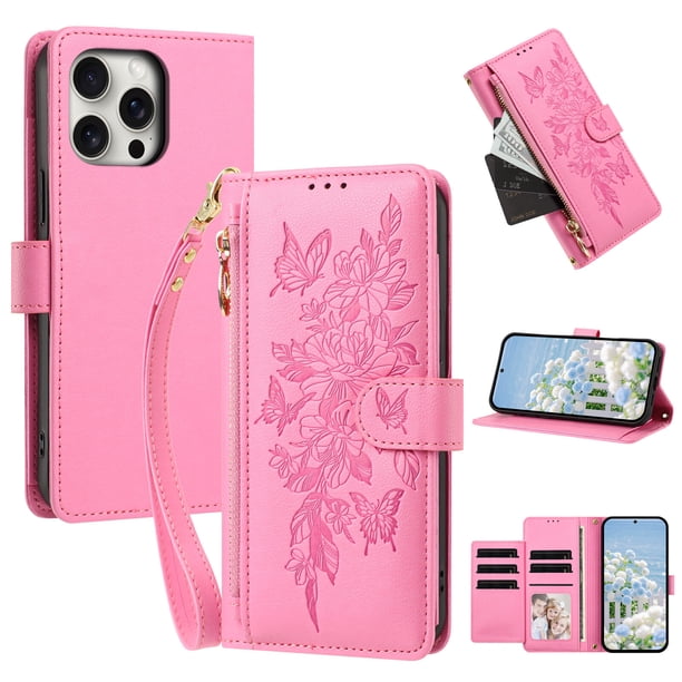 Funda Billetera Floral en Relieve iphone15 pro con Tarjetero y Cremallera Rosa