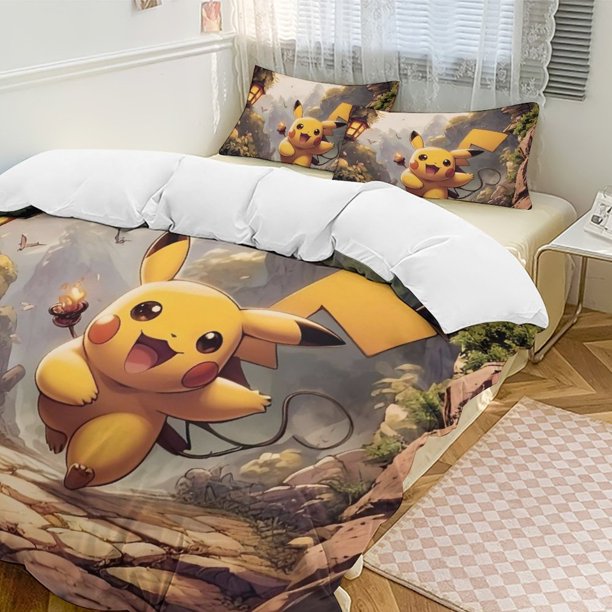 Pikachu Bed Duvet Cover Funny Anime Cartoon Bedding Sets Lightweight 3 Piece Comforter Sets