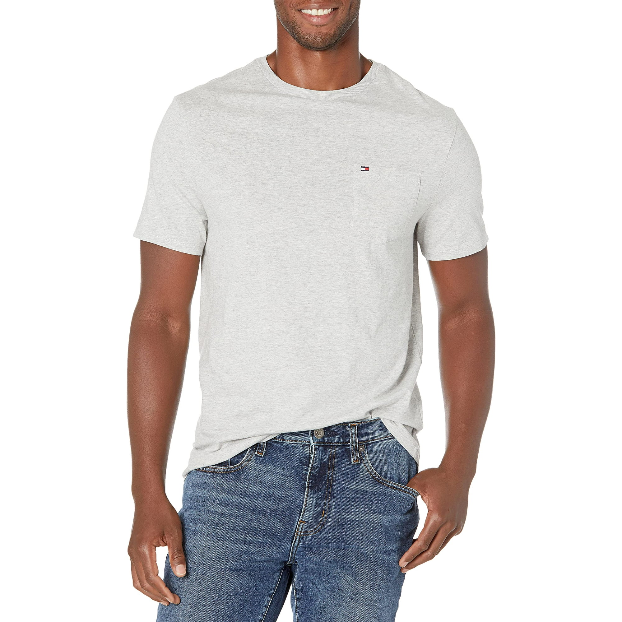 Camiseta Tommy Hilfiger Para Hombre, Talla Grande, Con Bolsillo, Gris Claro