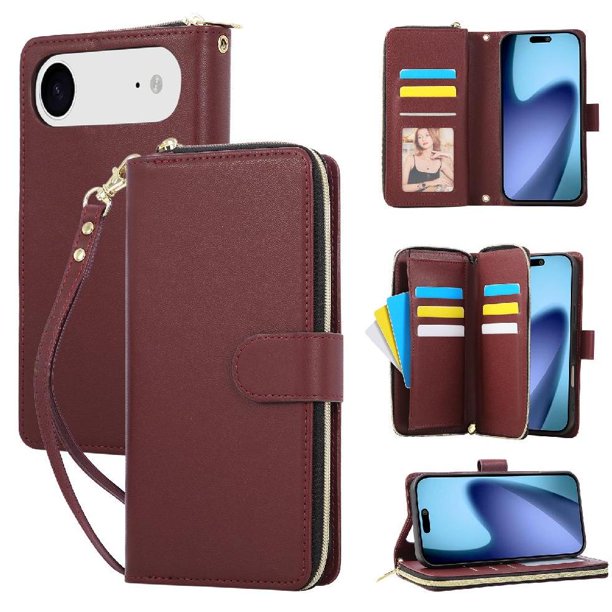 Funda Cartera con Cremallera y Correa para iPhone Air Soporte y Tarjetero Rojo