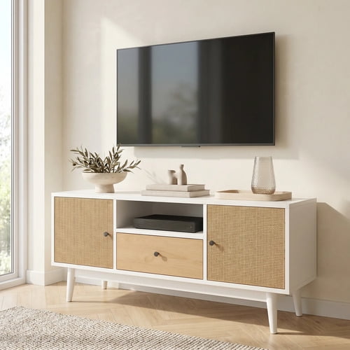 Rack Tv 140x40x48cm 1 Tiras 2 Puerta Melamina Tejido Eeuu Blanco