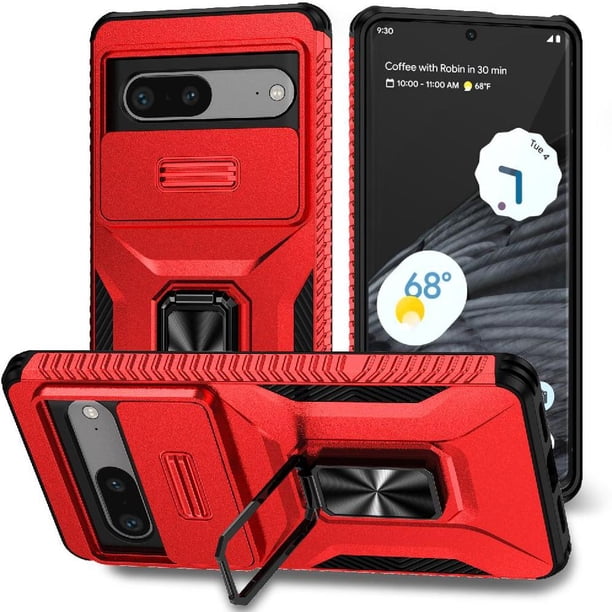 Funda Armada para Google Pixel 7 con Tapa Deslizante y Soporte Magnético Giratorio Rojo