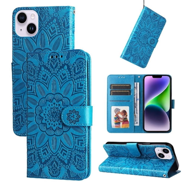 Funda tipo cartera FOXDOCK para iPhone 15 Plus , diseño girasol en relieve, cuero PU, cierre magnético, soporte y tarjetero