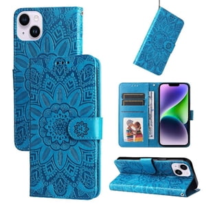 Funda Tipo Cartera Foxdock Para Iphone 15 Plus , Diseño Girasol En Relieve, Cuero Pu, Cierre Magnético, Soporte Y Tarjetero