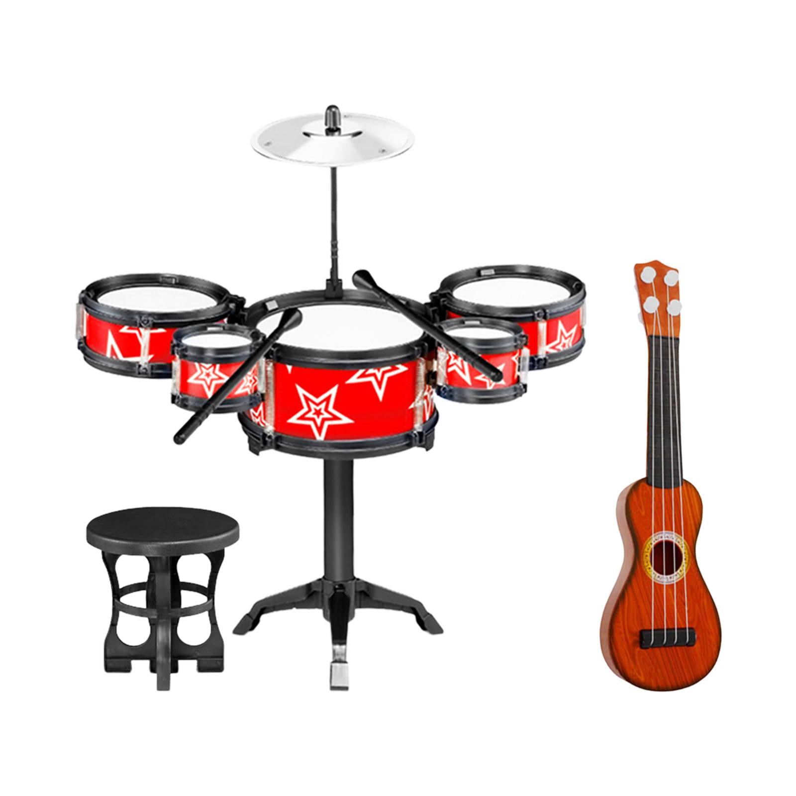 Magideal - Simulación De Tambores De Juguete Para Niños, Kits De Batería De Jazz Con Baquetas, Juegos De Batería Rítmica, Juego De Instrumentos, Juguetes Musical Silla Guitarra Roja