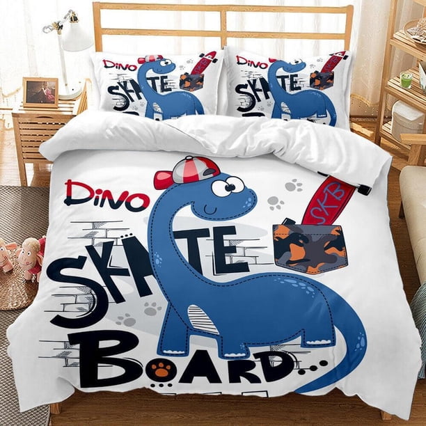 Dinosaurs Skateboard Quilt Duvet Cover Set Bedding Queen Soft Comforter Cover3-Piece Bedding Set