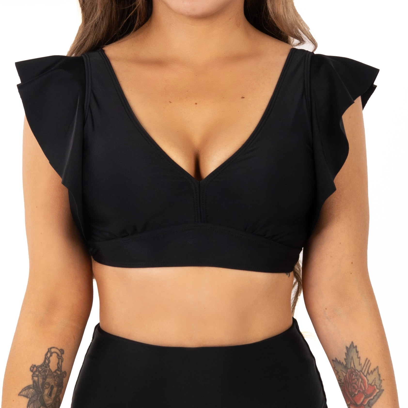 Hipsy - Top Traje De Baño Vuelos Hombros Escote V Negro Xs